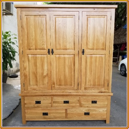 Rustic Oak : Tủ Áo 1m6 - Gỗ Sồi 3 Cánh + 5 Ngăn Kéo